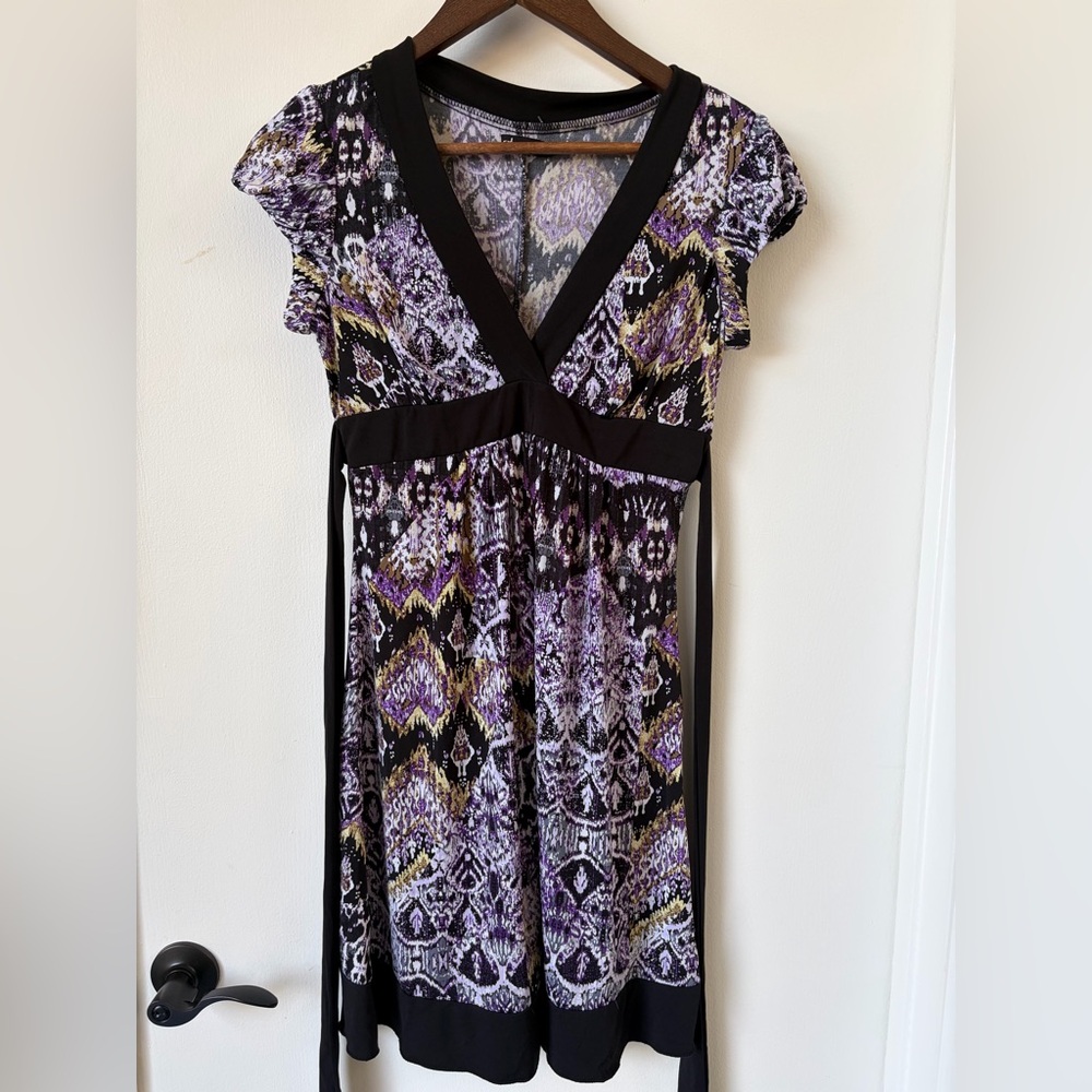 Y2K Ruby Rox Boho Whimsygoth Empire Waist Dress | Purple Gothic Print | Small